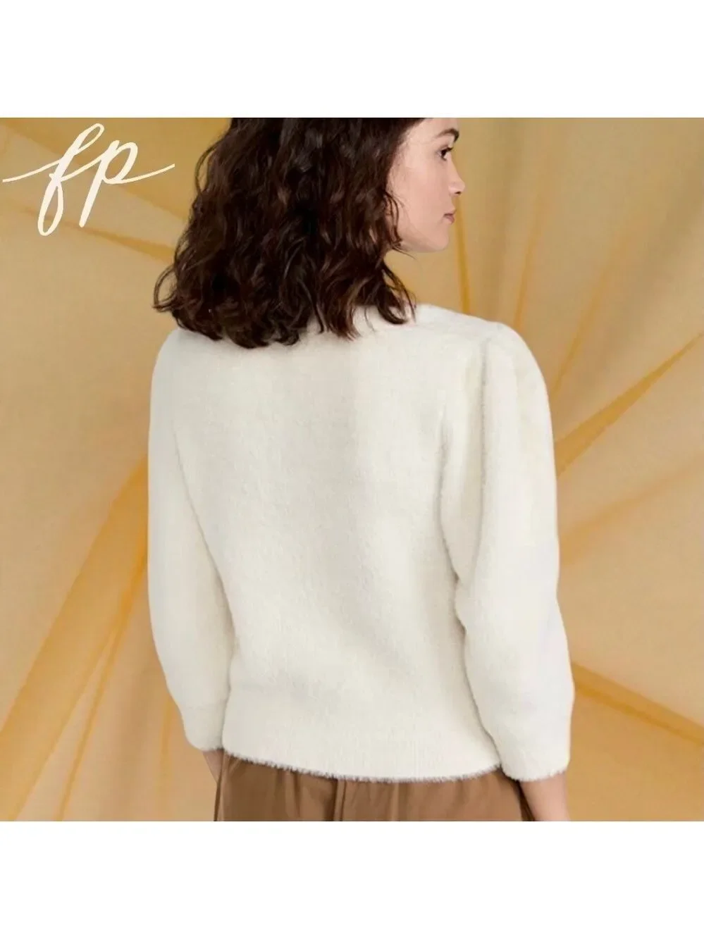 FREE PEOPLE NWT Moonbeam Fuzzy 3/4 Puff Sleeve Cropped Scoop Neck Sweater/Lg